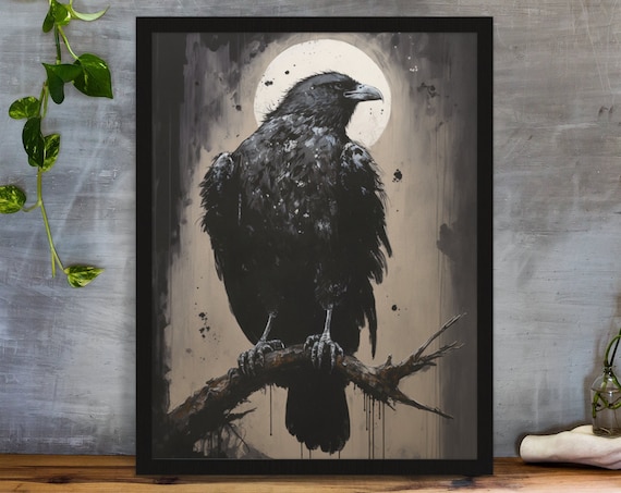 Eerie Black Bird Moon Night Dark Ink Portrait Gothic Wall Art