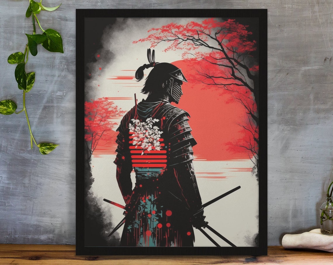 Samurai Warrior Armor Red Sun Cherry Blossom Japanese Art Poster