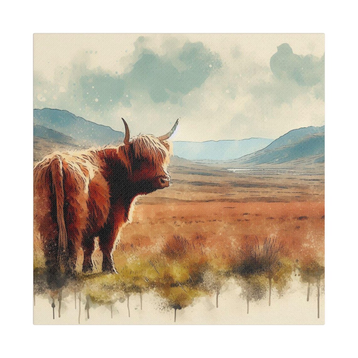 Highland Cow Art Print, Rustic Mountain Landscape - Image 2