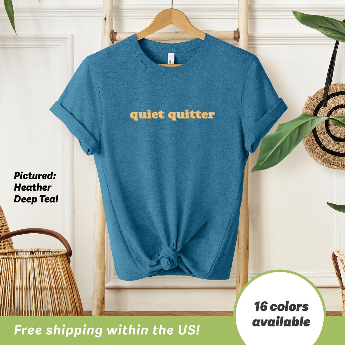 Quiet Quitter Retro Gold Lettering Graphic Print Tee Shirt Mockup Blue - Image 4
