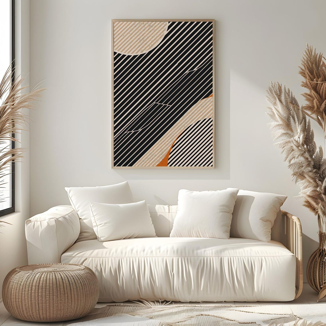 Mid Century Modern Black Cream Diagonal Stripes Rust Art Poster - Image 2