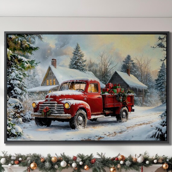 Vintage Red Pickup Truck With Christmas Gifts In Snowy Cabin Poster