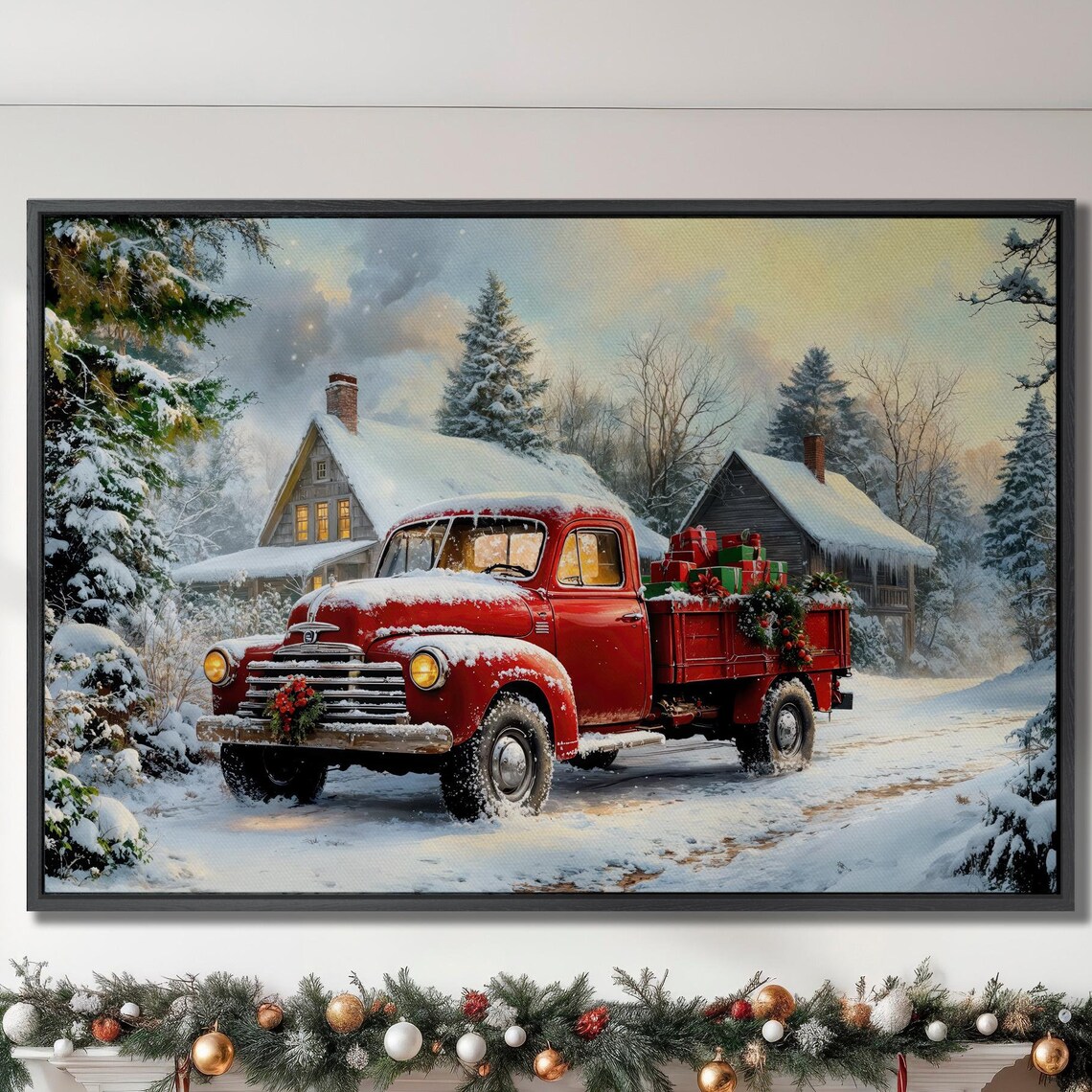 Vintage Red Pickup Truck With Christmas Gifts In Snowy Cabin Poster