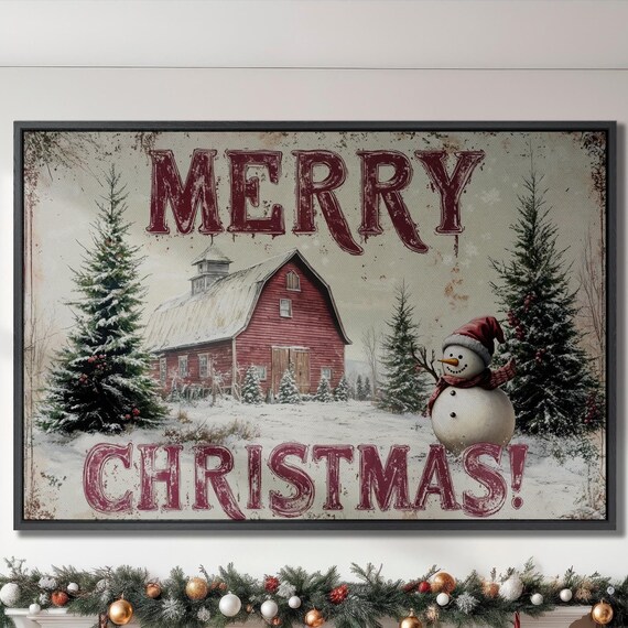 Red Barn And Snowman Merry Christmas Vintage Winter Holiday Poster