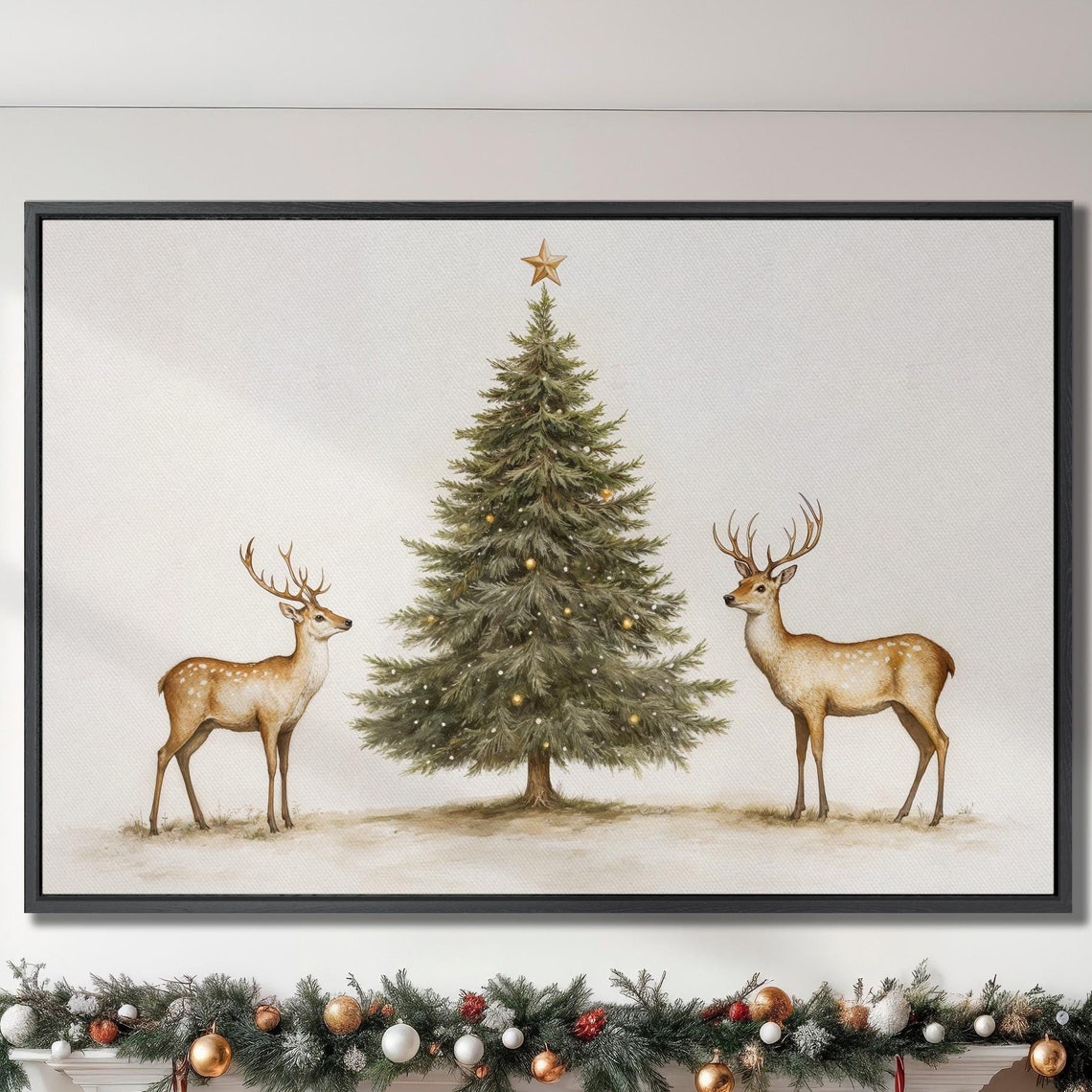Two Deer Beside Christmas Tree Vintage Winter Holiday Art Poster