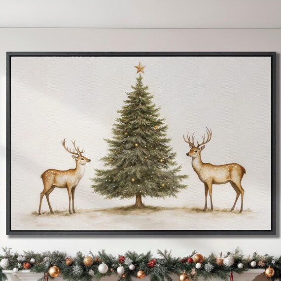 Two Deer Beside Christmas Tree Vintage Winter Holiday Art Poster