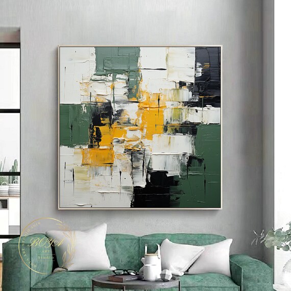 Large Green Textured Art Green Abstract Painting Minimalism Black White Abstract Art Yellow Textured Painting Original Modern Wall Painting