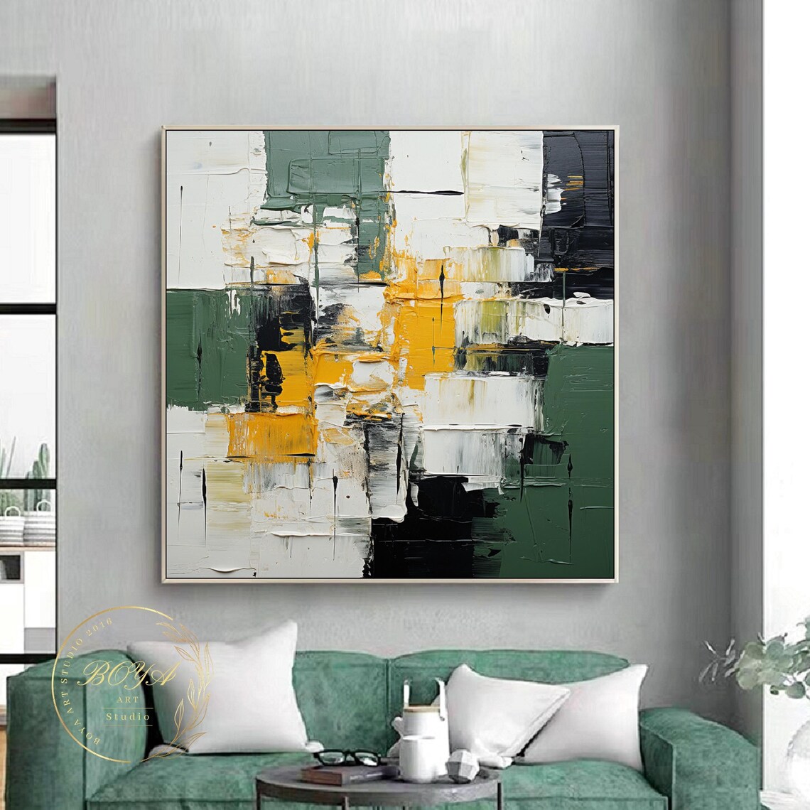 Large Green Textured Art Green Abstract Painting Minimalism Black White Abstract Art Yellow Textured Painting Original Modern Wall Painting