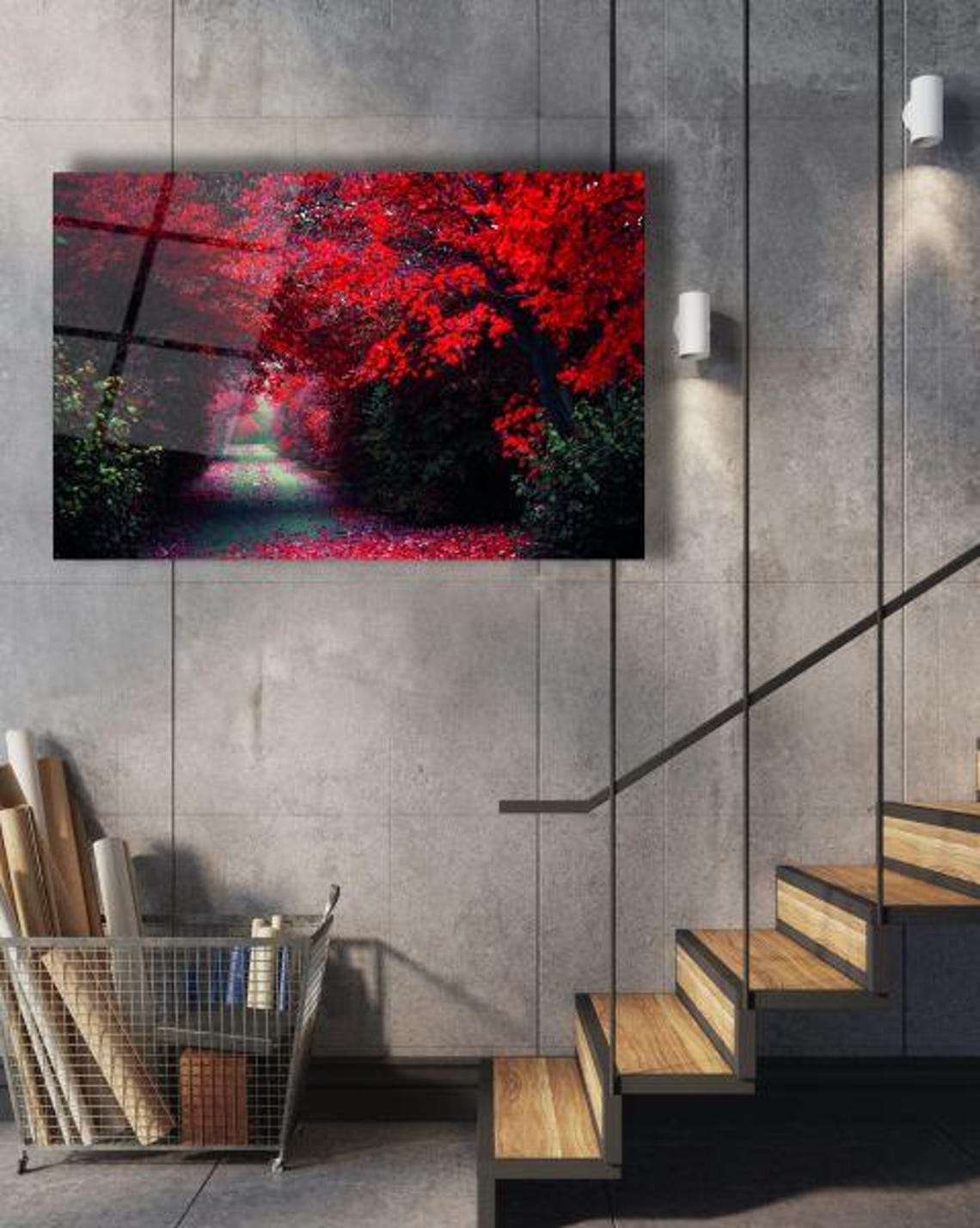 Red Maple Canopy Forest Path Enchanted Autumn Landscape Poster - Image 2
