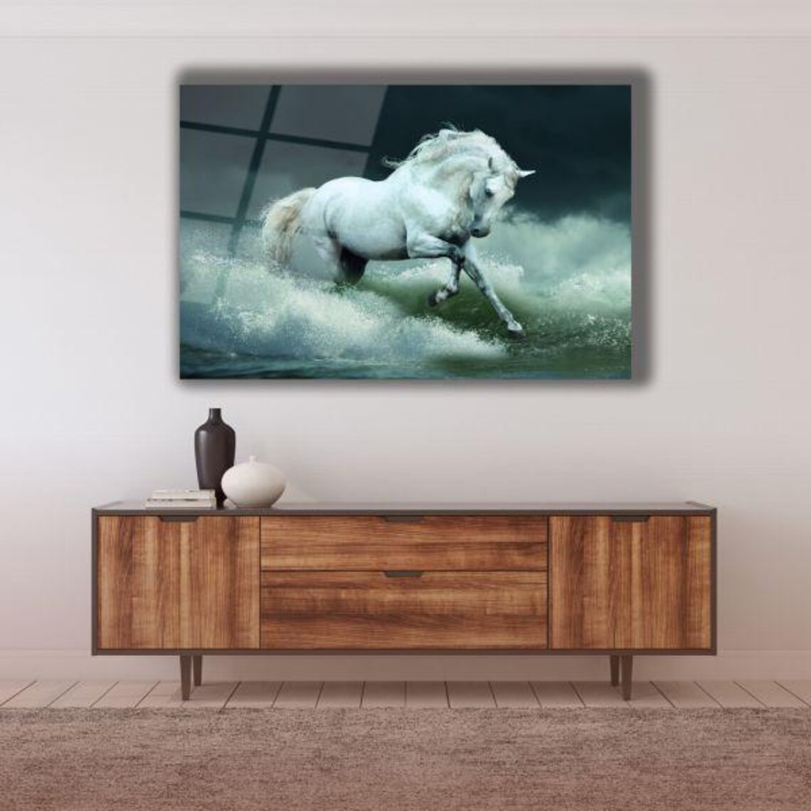 Majestic White Horse in Stormy Seas Dramatic Glass Art Poster