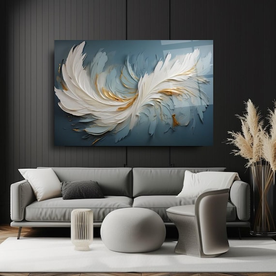 Elegant Feather Design Wall Art Tempered Glass Print Modern Abstract Wall Decor Luxury Glass Wall Art For Home And Office