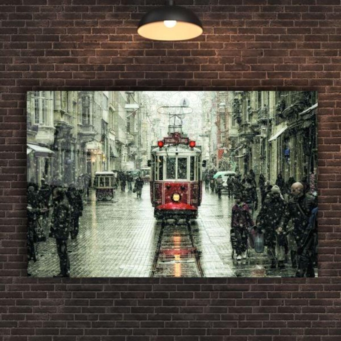 Vintage Red Tram Rolling Through Snowy Old City Street Winter Poster - Image 2