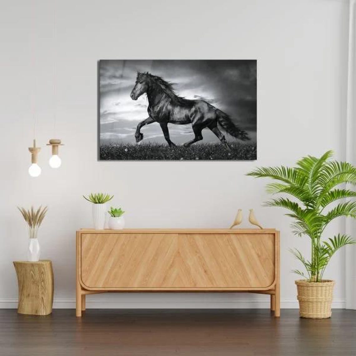 Monochrome Galloping Stallion Horse Tempered Glass Dramatic Art Poster