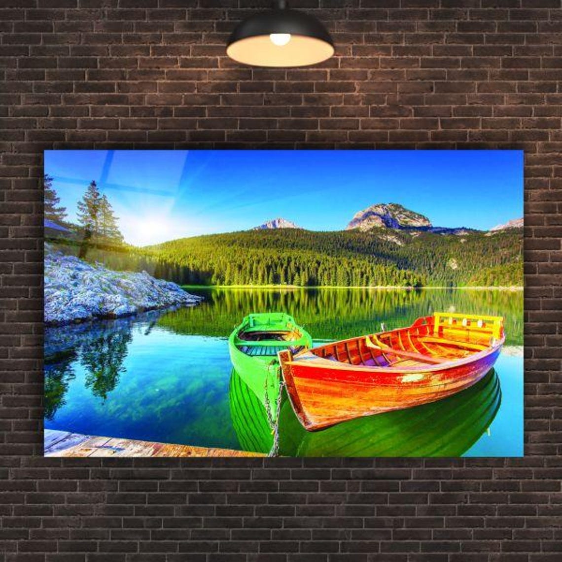 Serene Lake Reflection Tempered Glass Wall Art Tranquil Mountain Landscape Vibrant Rowboats Peaceful Nature Decor - Image 2