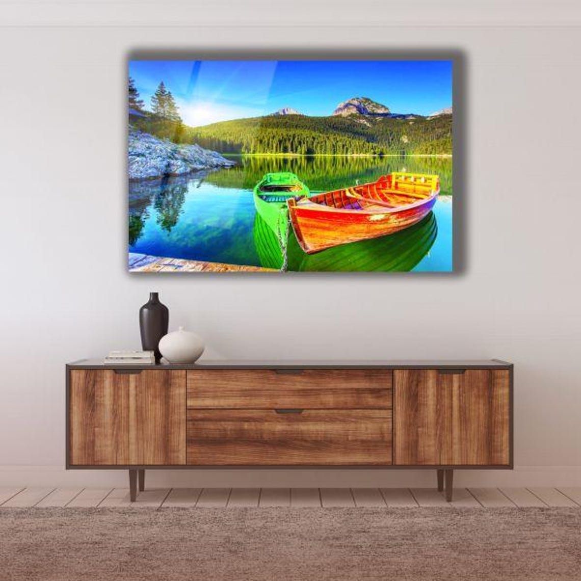 Serene Lake Reflection Tempered Glass Wall Art Tranquil Mountain Landscape Vibrant Rowboats Peaceful Nature Decor