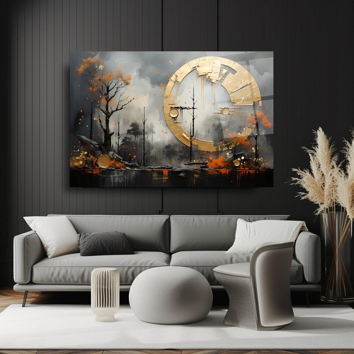 Golden Orb Circle Misty Autumn Trees Futuristic Nature Art Poster