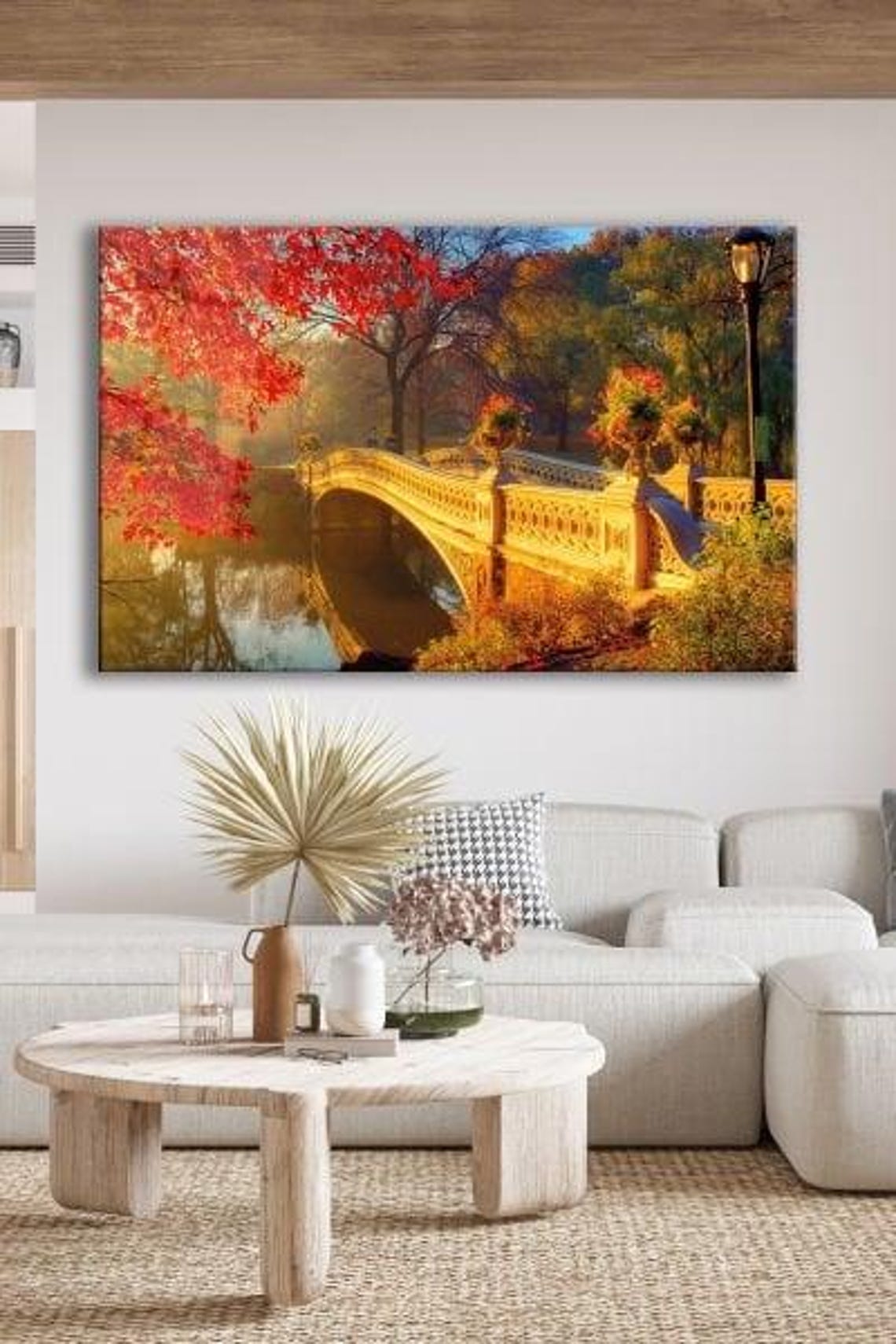 Autumn Stone Bridge With Red Foliage Tempered Glass Park Scene Poster - Image 2