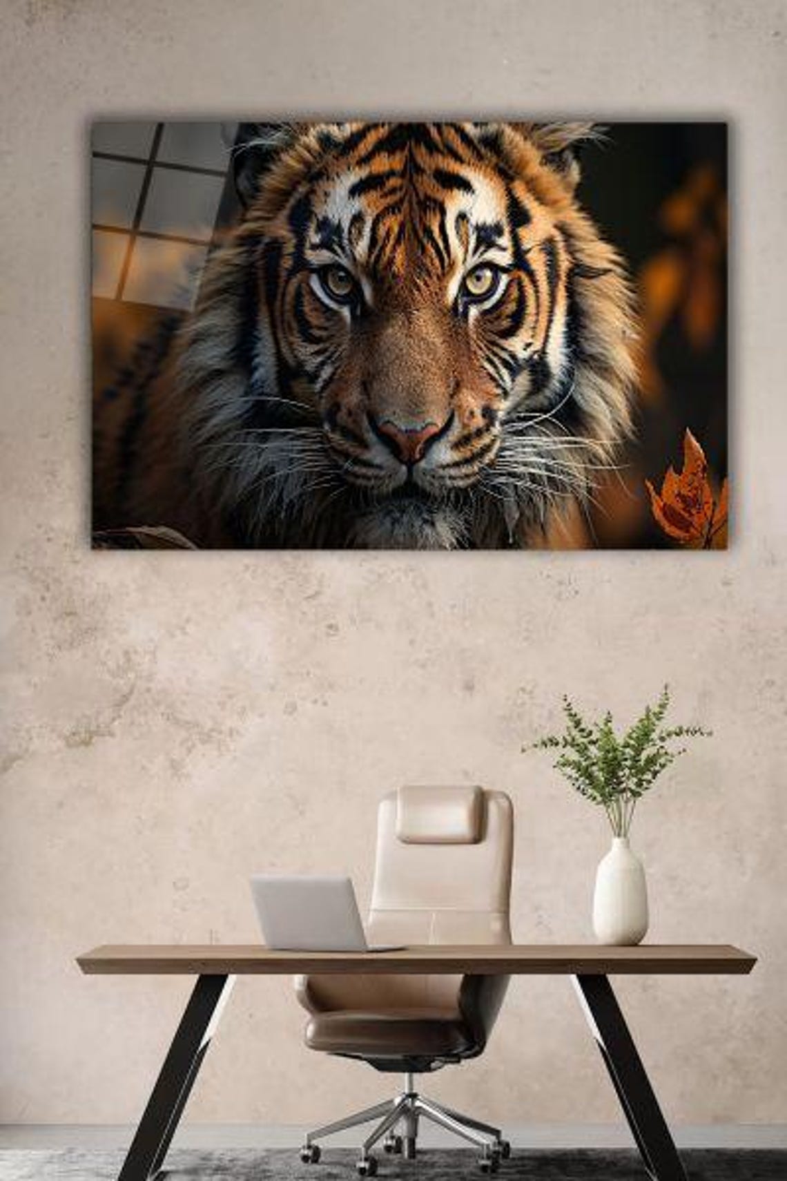 Intense Orange Tiger Close-Up Portrait With Autumn Leaf Poster