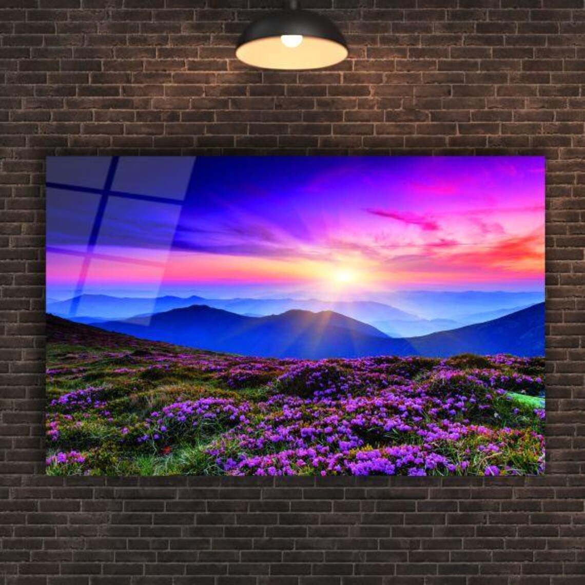 Purple Mountain Sunset Over Pink Wildflower Meadow Scenic Poster - Image 2