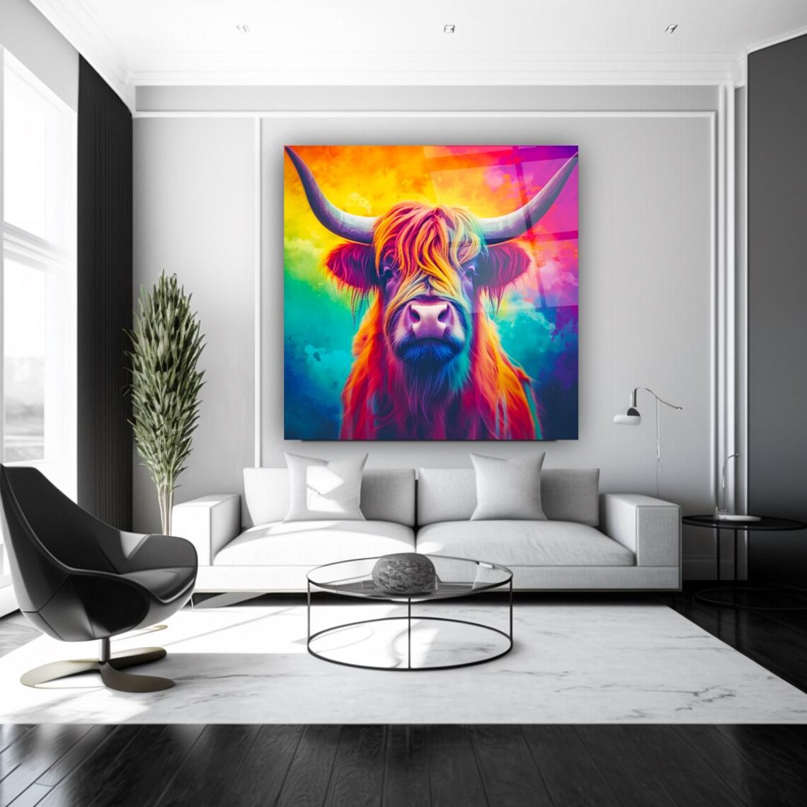 Colorful Pop Art Highland Cow Portrait With Rainbow Fur Poster