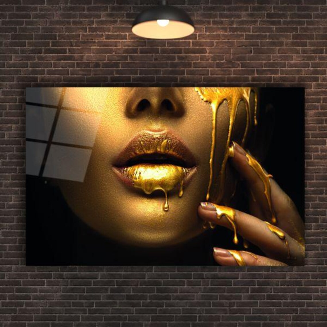 Woman With Dripping Golden Paint Lips Glamour Portrait Poster - Image 2