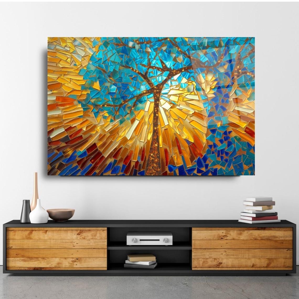 Golden Radiance Tree Wall Art Tempered Glass Print Vibrant Mosaic Wall Decor Elegant Glass Wall Art For Home And Office