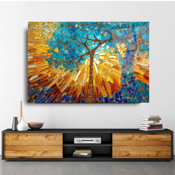 Golden Radiance Tree Wall Art Tempered Glass Print Vibrant Mosaic Wall Decor Elegant Glass Wall Art For Home And Office