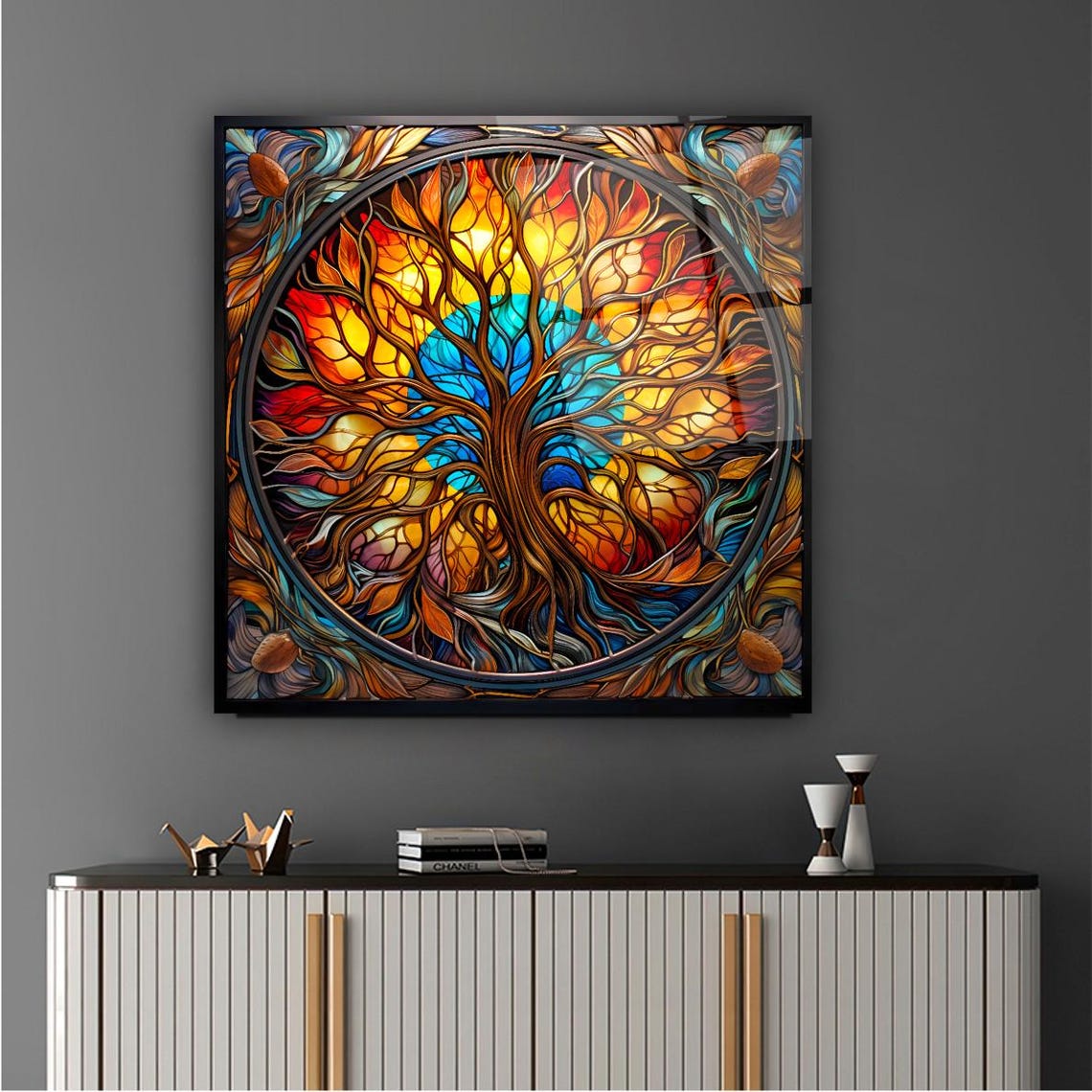 Flaming Orange Foliage Stained Glass Tree Of Life Circle Poster - Image 3