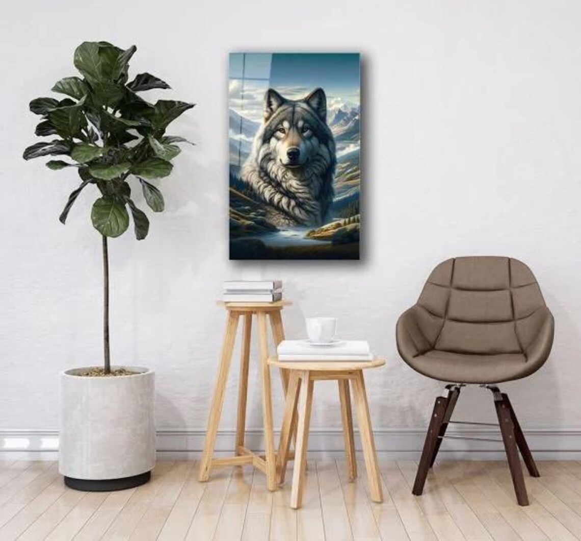Grey Wolf Portrait Over Mountain Valley Tempered Glass Wildlife Art Poster - Image 3