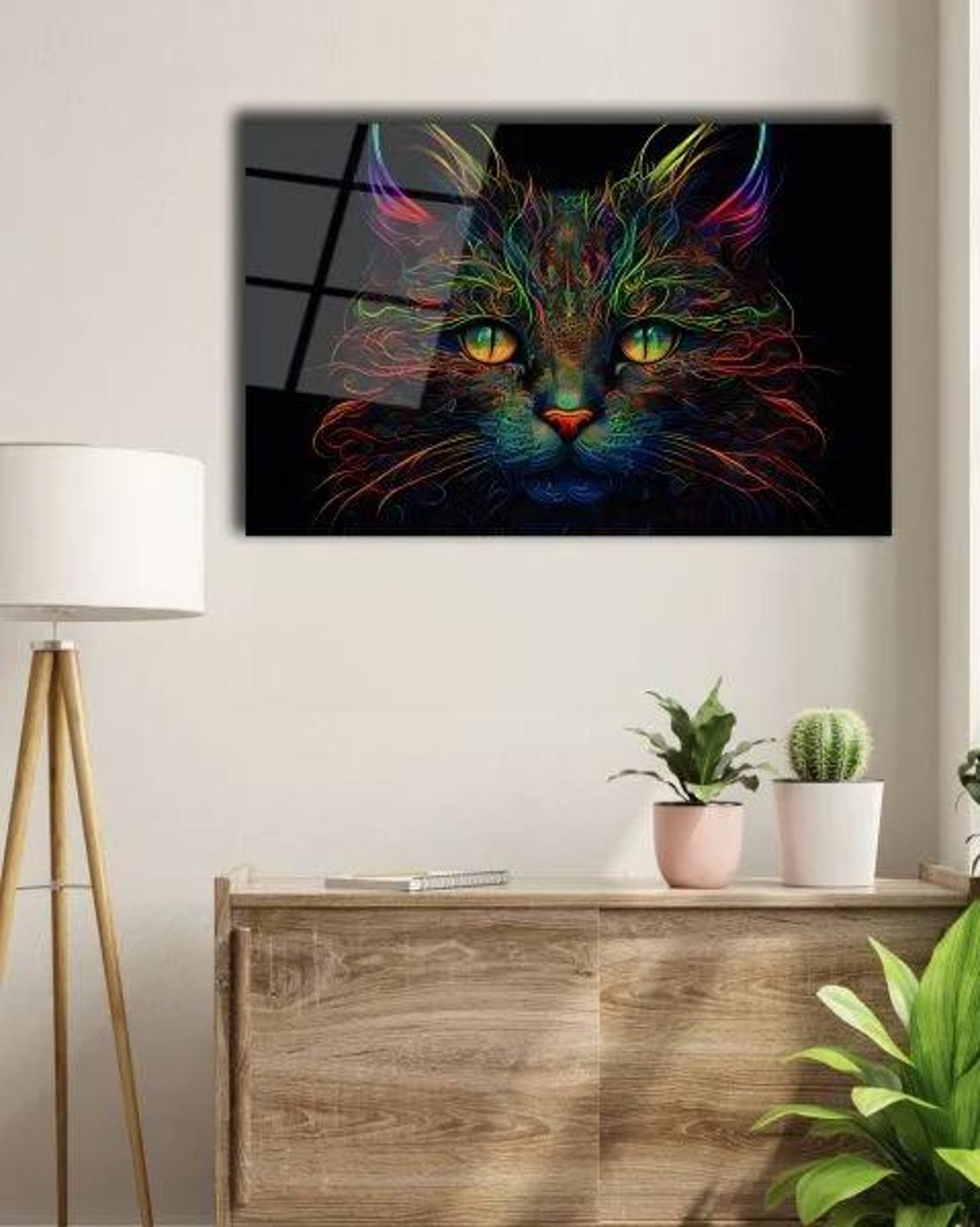 Neon Rainbow Cat Face Poster Glowing Line Art on Black Background - Image 2