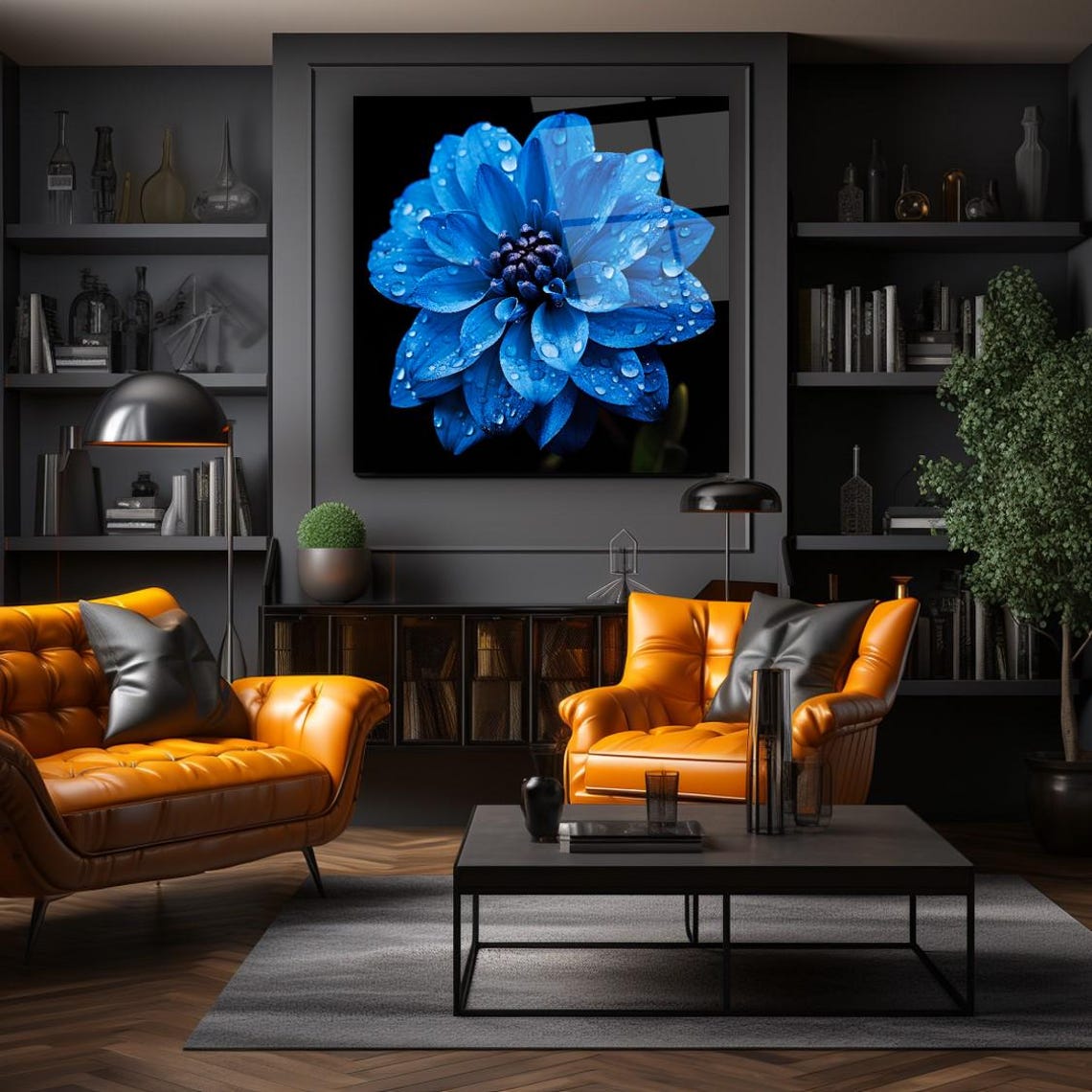 Vivid Blue Flower With Dew Drops On Black Floral Glass Poster