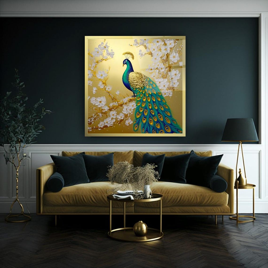 Gold Peacock With White Blossoms On Metallic Gold Background Poster - Image 3