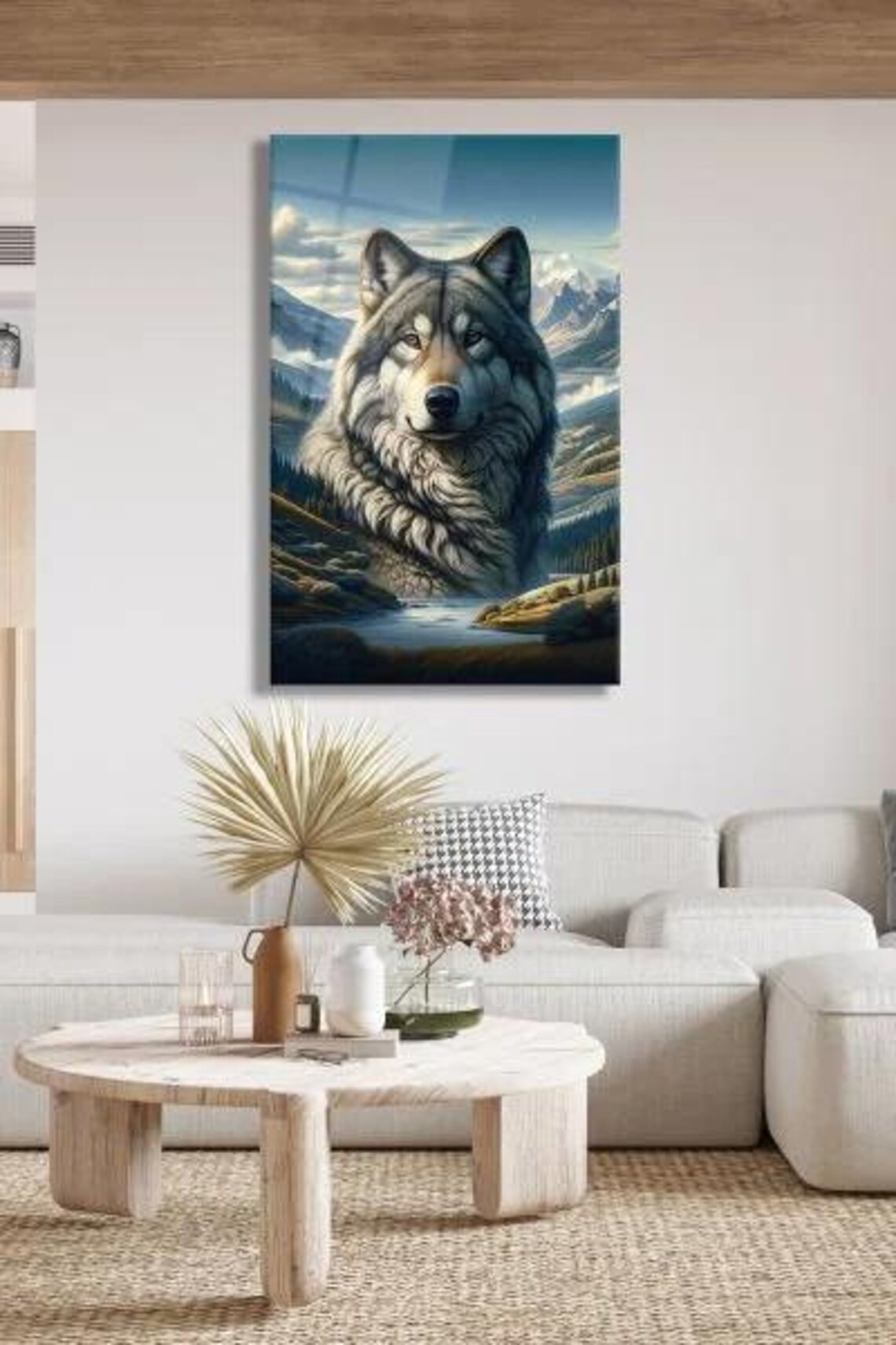 Grey Wolf Portrait Over Mountain Valley Tempered Glass Wildlife Art Poster - Image 2