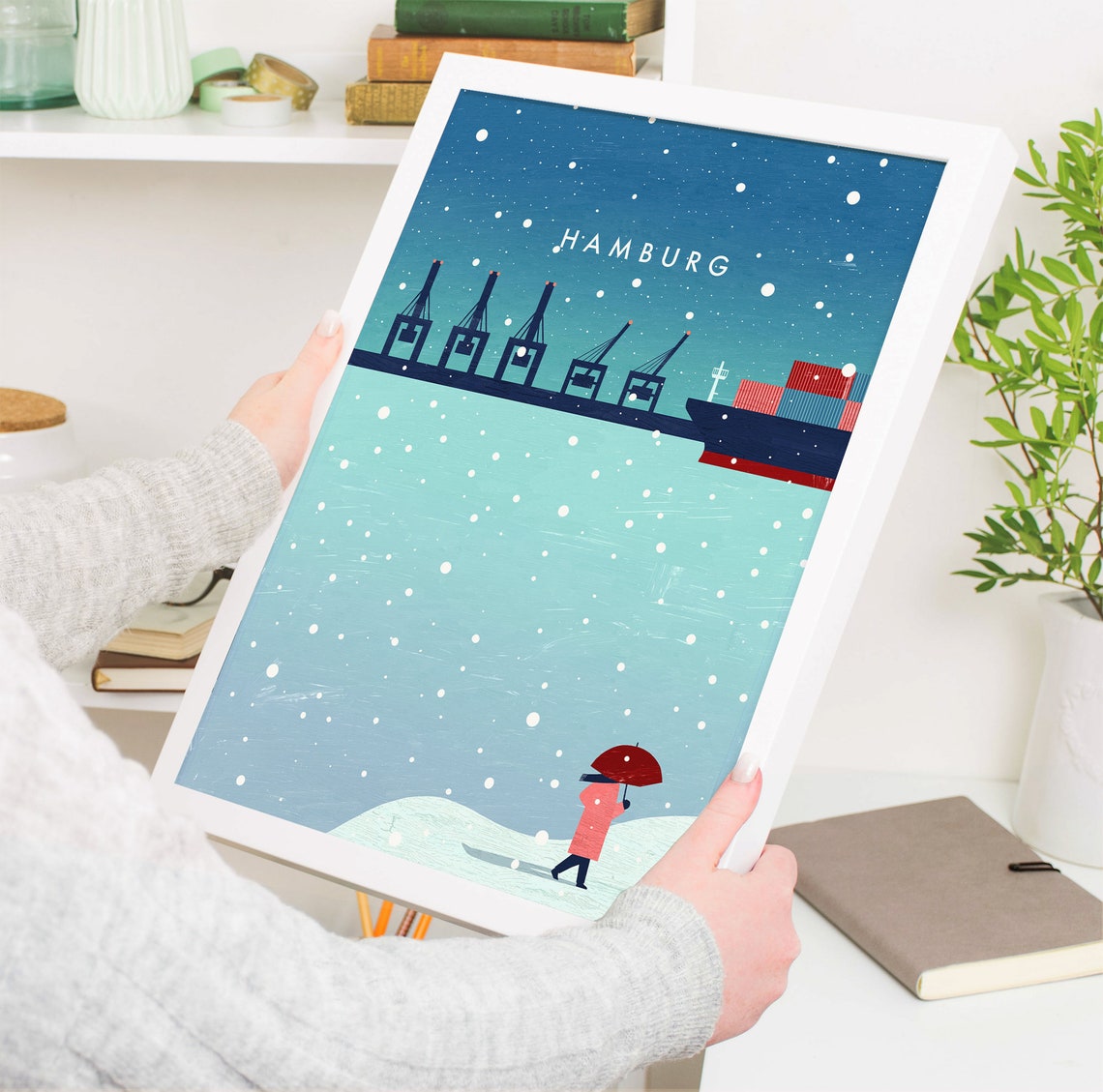 Hamburg Germany Harbor Container Cranes Winter Night Snow Poster - Image 4