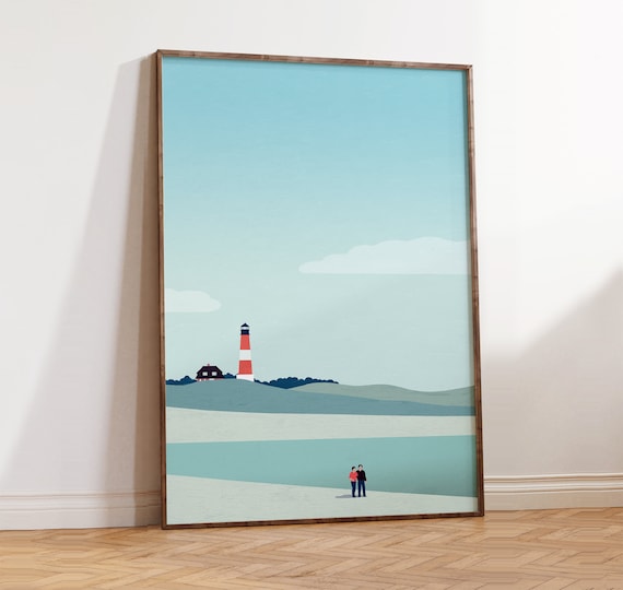 Lighthouse Beach Poster, Minimalist Maritime Landscape