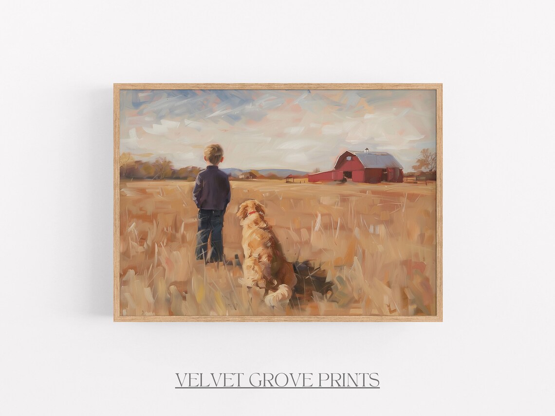 Boy and Golden Retriever Wheat Field Farm Oil Painting Print