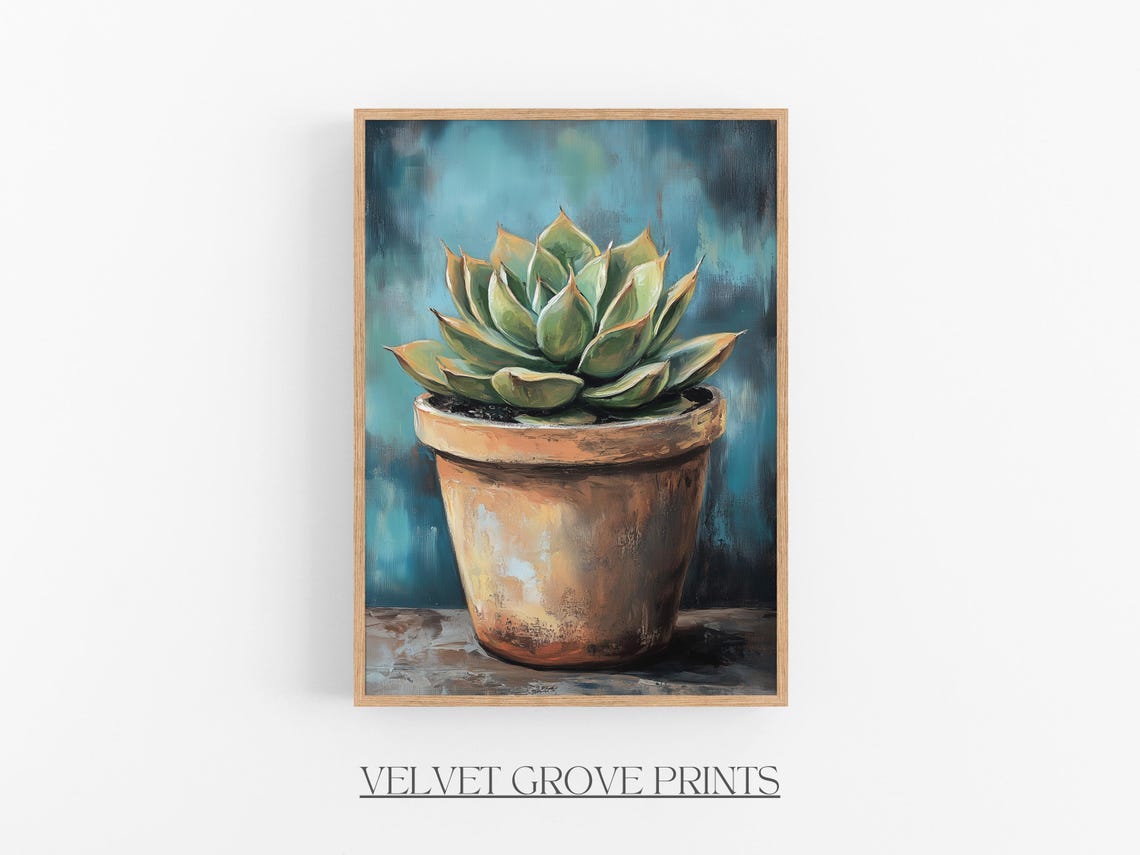 Potted Succulent Terracotta Pot Teal Oil Painting Botanical Poster