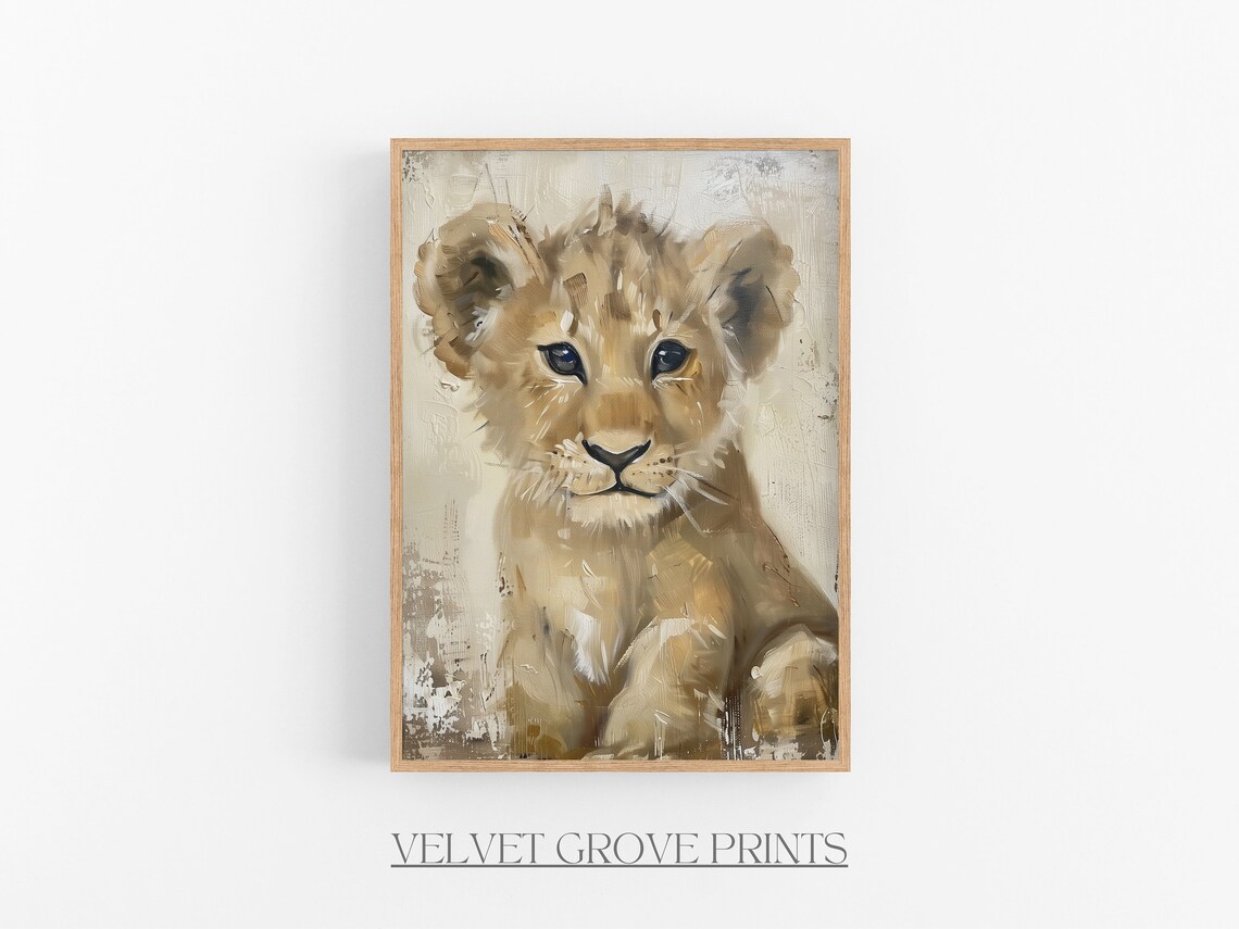 Sweet Lion Cub Oil Painting Portrait Safari Nursery Animal Print