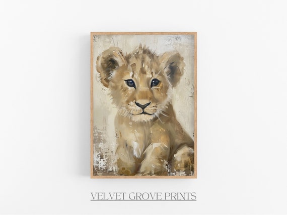 Lion Cub Oil Painting Vintage Nursery Art Print
