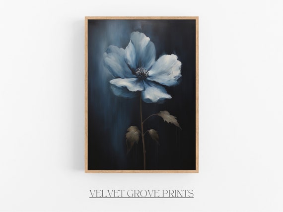 Vintage Blue Flower Oil Painting Moody Floral Wall Art