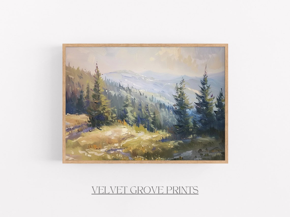 Mountain Pines Oil Painting Vintage Rustic Wall Art