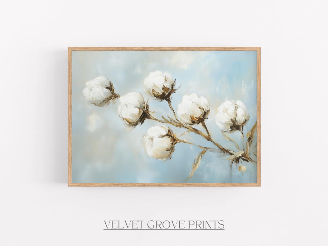 White Cotton Branch Blossoms Blue Botanical Oil Painting Poster