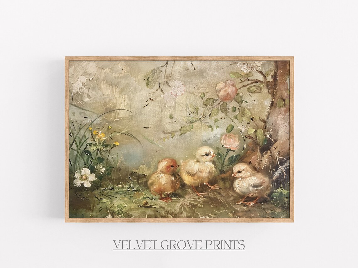 Baby Chicks Among Wildflowers Vintage Spring Oil Painting Poster