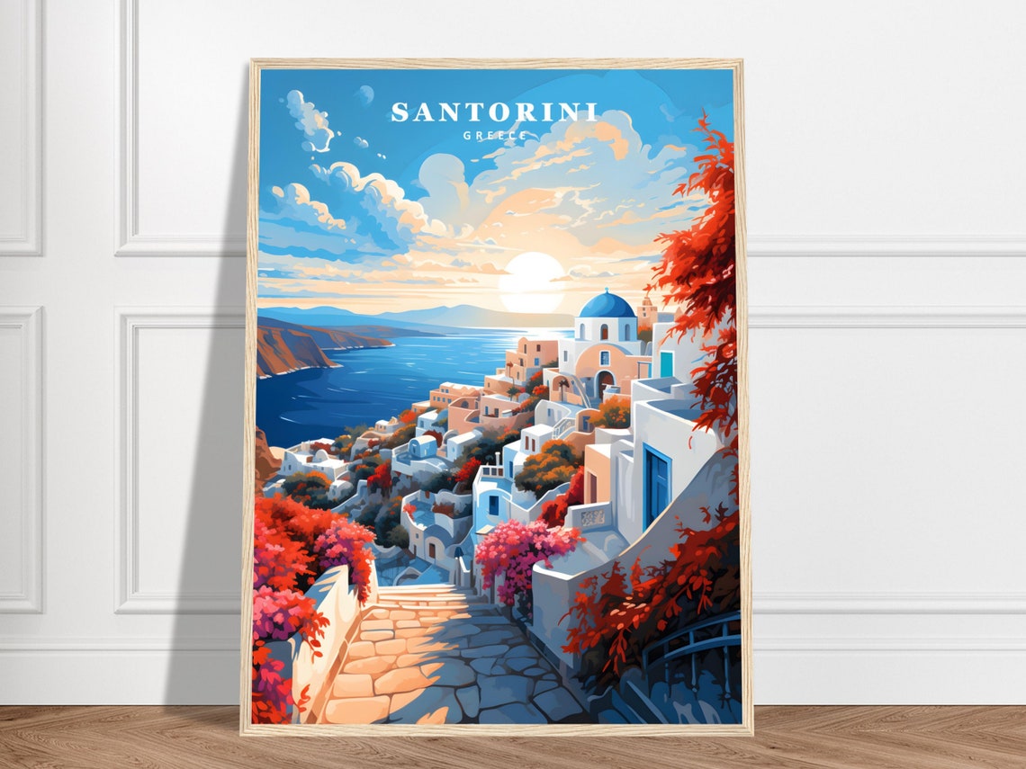 Santorini Greece Whitewashed Village Sunset Aegean Sea Travel Poster