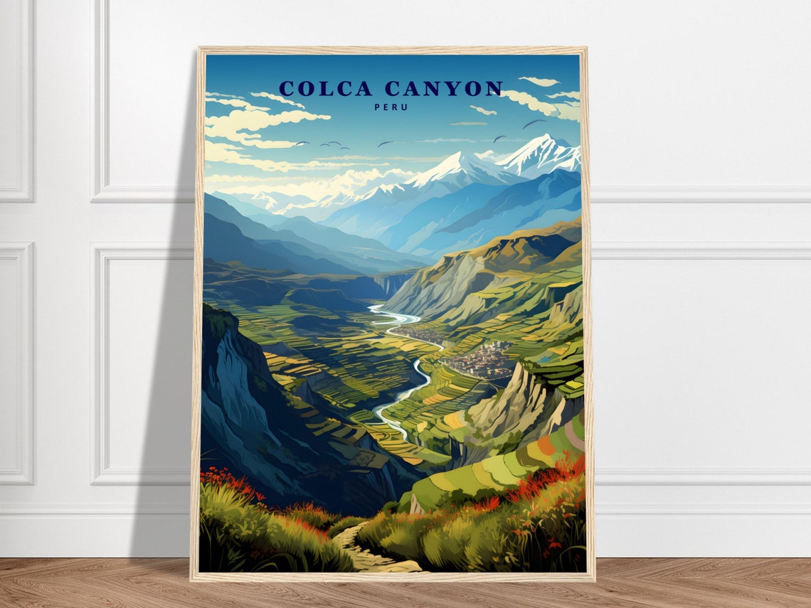 Colca Canyon Peru Andes Terraces Snow Peaks Retro Travel Poster