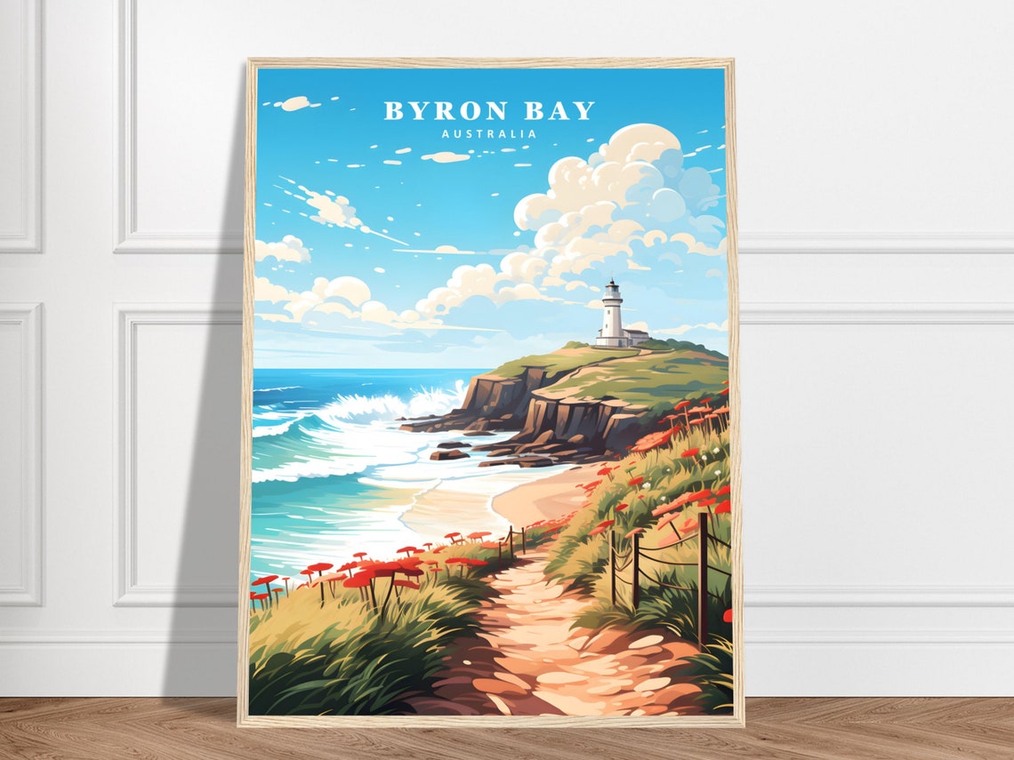 Byron Bay Australia Lighthouse Coastal Cliffs Vintage Travel Poster