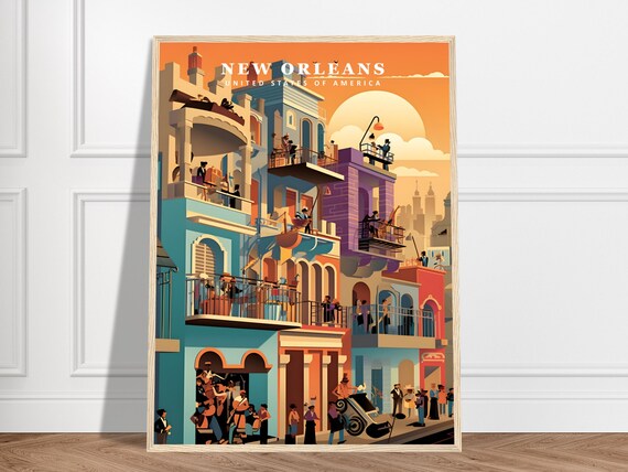 New Orleans French Quarter Balconies Jazz Street Scene Travel Poster