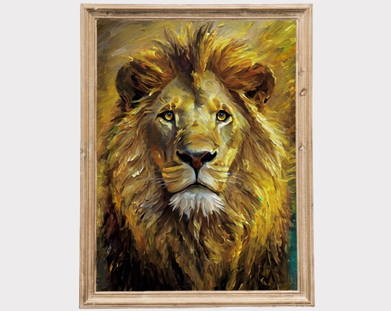 Golden Lion Portrait Textured Oil Painting Regal Wildlife Home Decor Poster