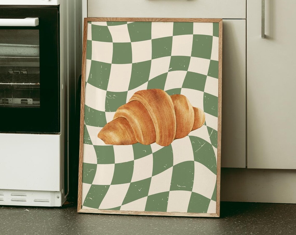 Buttery Croissant On Sage Green Wavy Retro Checkerboard Poster - Image 4