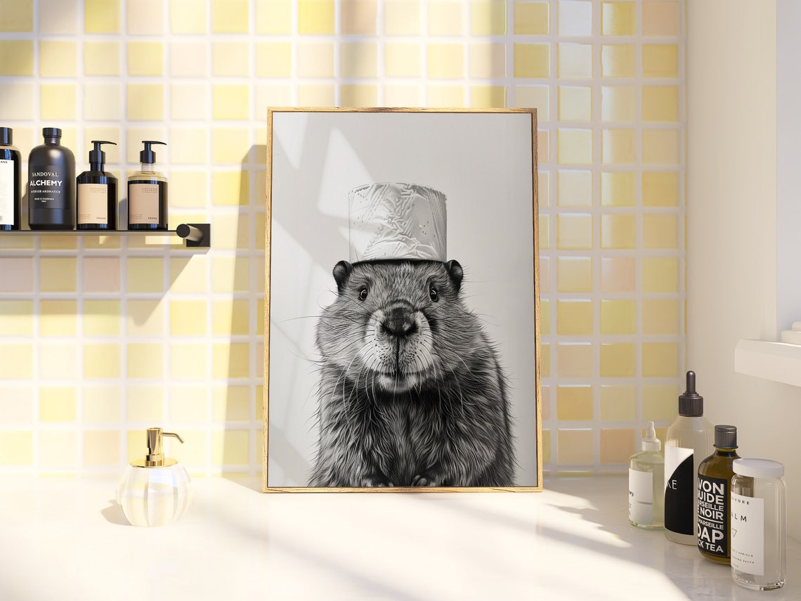 Beaver Toilet Paper Roll Hat Funny Black White Animal Poster - Image 2